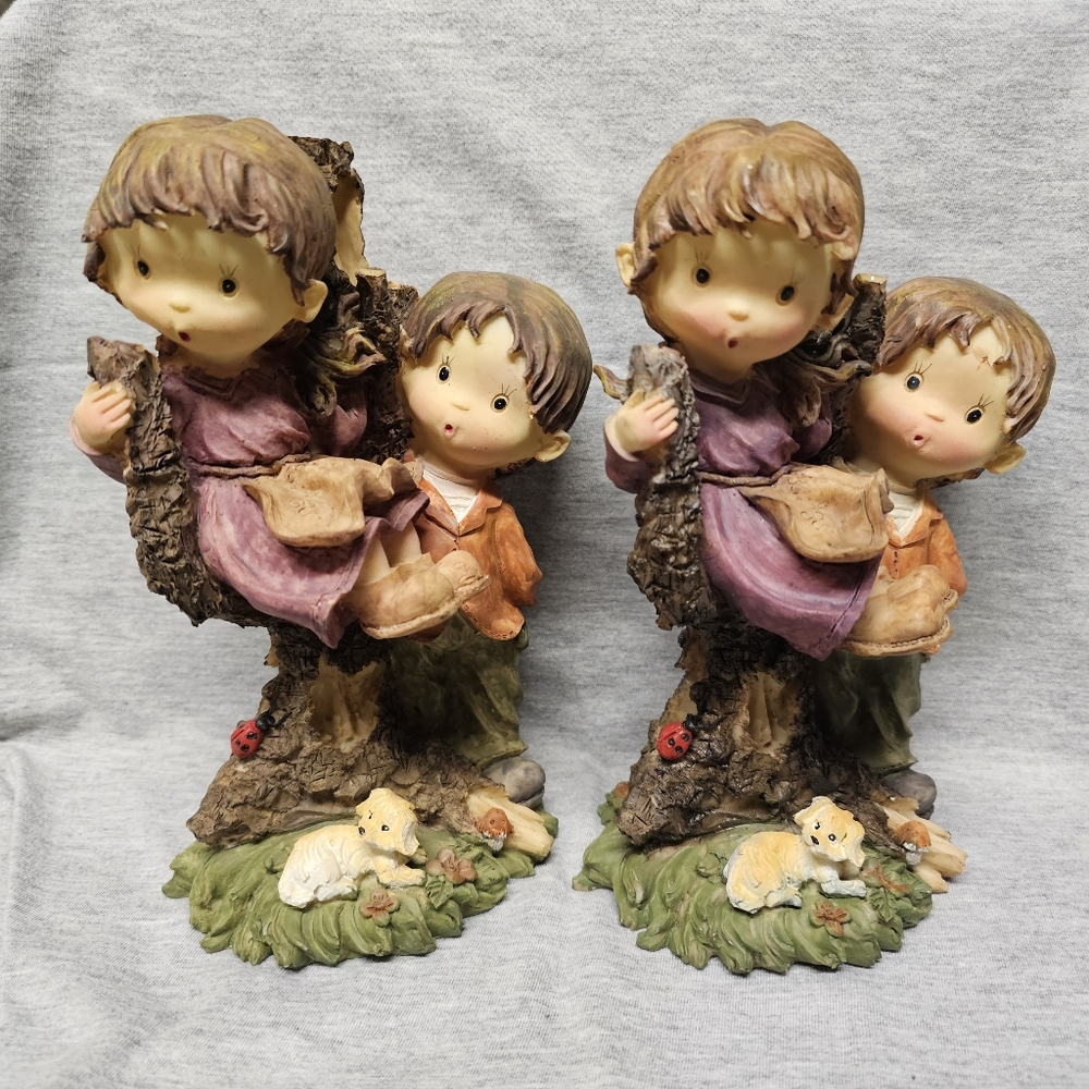 2 × 8" Wooden Art Figurine Of Boy And Girl In A Tree Branch With Pet Dog